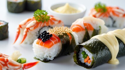 Sushi platter with assorted nigiri and maki rolls garnished with wasabi and fresh herbs on white background Copy Space
