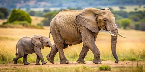 Obraz premium Elephants Walking in Natural Habitat Under Blue Sky and Green Landscape