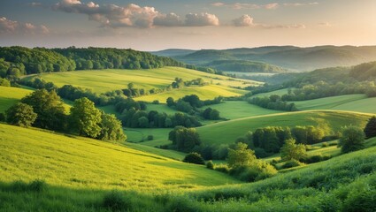 Obraz premium Lush green rolling hills with trees under a blue sky and soft clouds during golden hour in a serene landscape with copy space