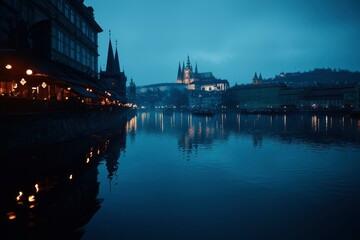 Naklejka premium Cityscape reflects on river at night. Prague castle in soft focus in background