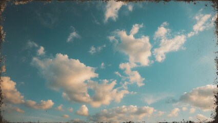 Cloud formation in a blue sky with fluffy white clouds and a vintage border texture, suitable for backgrounds and designs. Copy Space