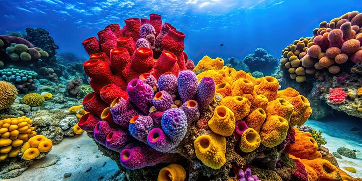 Colorful Underwater Rocks, Red Yellow Sponges, Purple Tunicates, Minimalist Photography