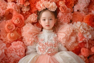 Fototapeta premium Little girl surrounded by roses and wearing a floral dress. Possible use decor