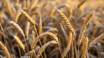 Fototapeta premium Golden wheat field close-up with ripe spikes in sunlight, agricultural landscape, natural grain production, Copy Space.