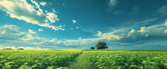 Fototapeta premium Lush green agricultural field with a clear blue sky and scattered clouds in a rural landscape location Copy Space