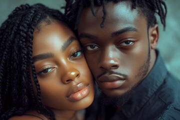 Valentine's day, lovers couple: remarkable bold image of loving black juvenile couple. Commercial ad visual idea. Sign of love and affection. Love story. Romantic dinner. Aesthetic love.