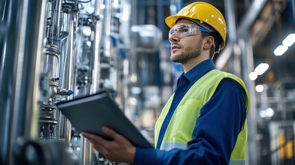 Worker in Safety Gear Conducts Monitoring in Factory Recycling Processes for Efficiency and Quality Control