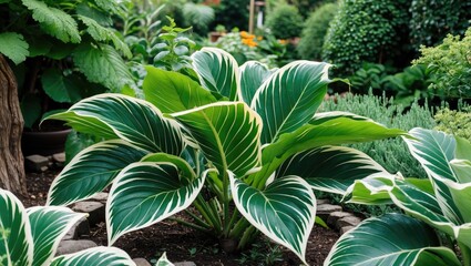 Large lush hosta plants with striking green and white leaves in a well-maintained garden setting with varied foliage and plants. Copy Space