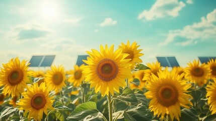 Fototapeta premium Vibrant Sunflower Field with Solar Panels Under Bright Sunny Sky