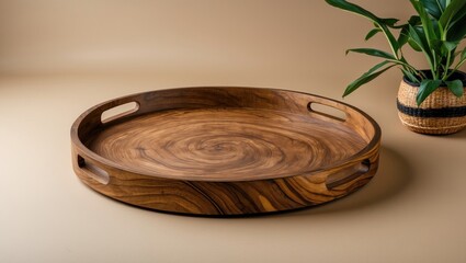Obraz premium Round wooden serving tray with handles on a beige surface alongside a potted plant and woven basket. Copy Space available.