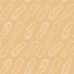Peanut seamless pattern in line art style beige background. Design for wallpaper, wrapping paper, restaurant menu, food store, grocery.