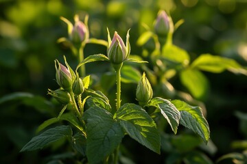 Obraz premium Rose buds blooming in the garden, backlit, on a bright day. Spring theme