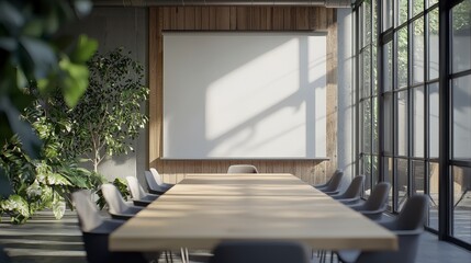 An eco-friendly conference room featuring a wooden projection screen and plants, embodying a sustainable design ethos while promoting creativity and collaboration.