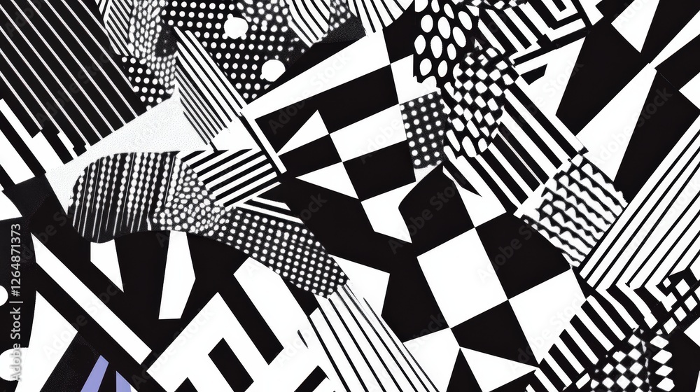Poster a high-contrast background with alternating black and white geometric patterns. sharp lines and irre
