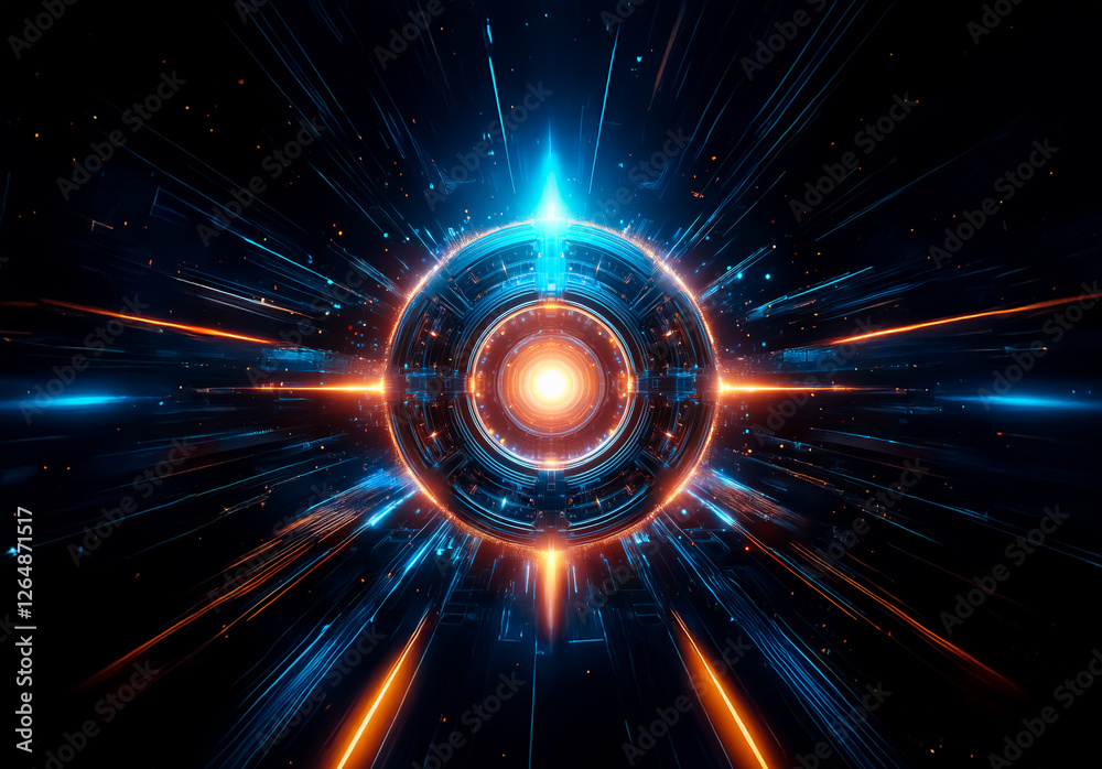 Poster energetic abstract design featuring a glowing circular element in vibrant blue and orange, emitting 