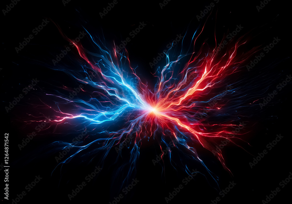 Poster vibrant red and blue lightning bolts clash against a dark backdrop, creating a dynamic and energetic