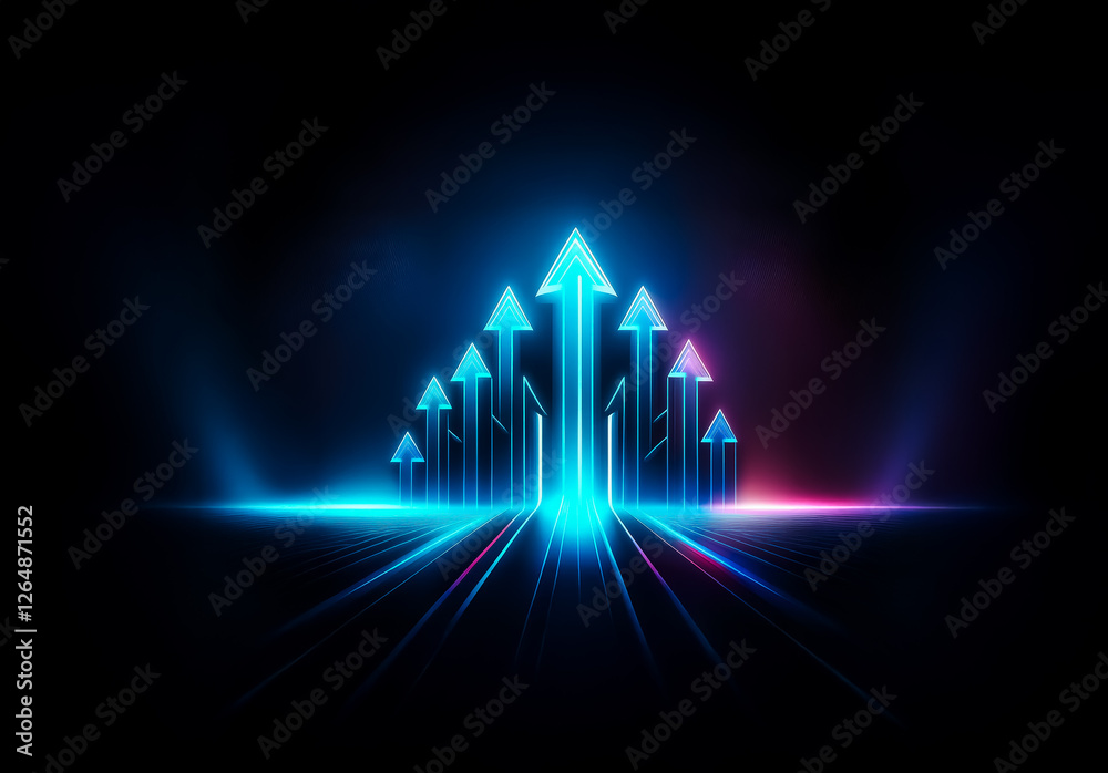 Poster Illuminated blue arrows ascend against a dark backdrop, symbolizing growth and progress. Pink accents add depth to the upward trajectory, creating a dynamic and vibrant visual.