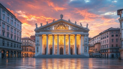 Obraz premium A grand opera house with Baroque architecture, featuring grand columns, detailed facades, and opulent interiors.