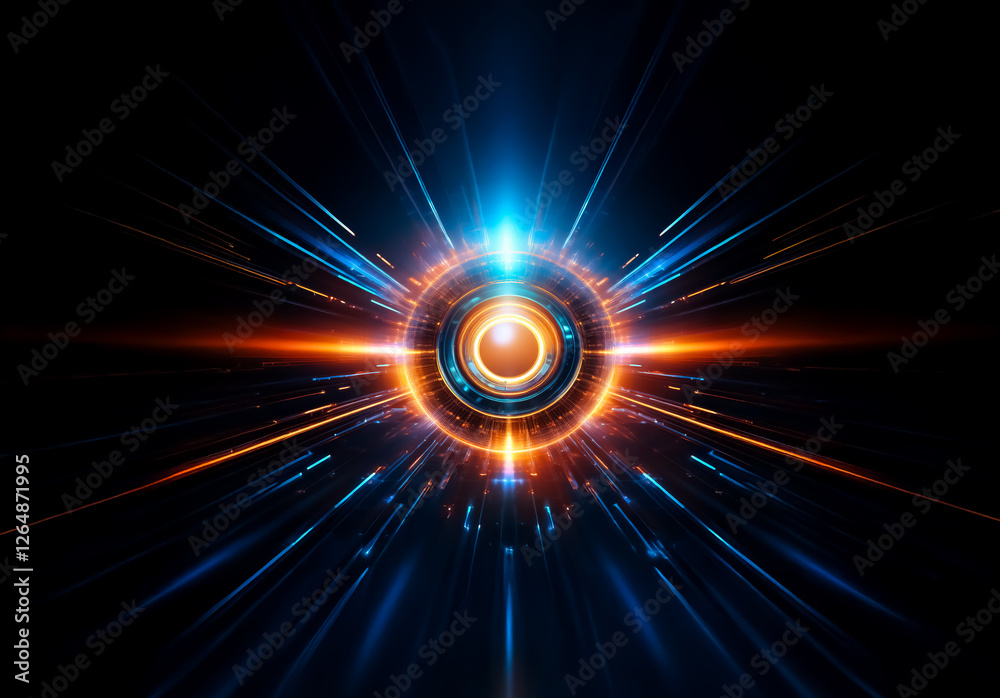 Poster abstract radial light burst emanating from a central glowing orb. dynamic blue and orange rays radia