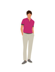 Fototapeta premium Stylish man wearing casual summer street fashion outfit standing with his arms in pockets. Vector realistic illustration isolated on transparent background.