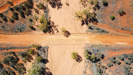 A dried out river bed in the Australian outback, seen from above