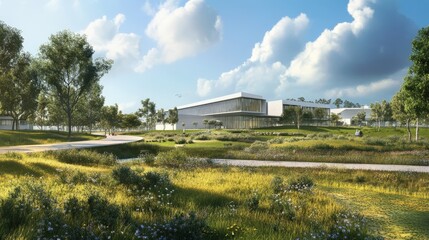 A green building project that uses renewable energy sources like solar and wind to power its operations, reducing its carbon footprint and environmental impact.