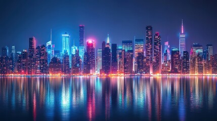 Fototapeta premium A high-tech city skyline at night, with illuminated buildings and neon lights reflecting in the water, providing a dynamic and futuristic backdrop for digital or business content.