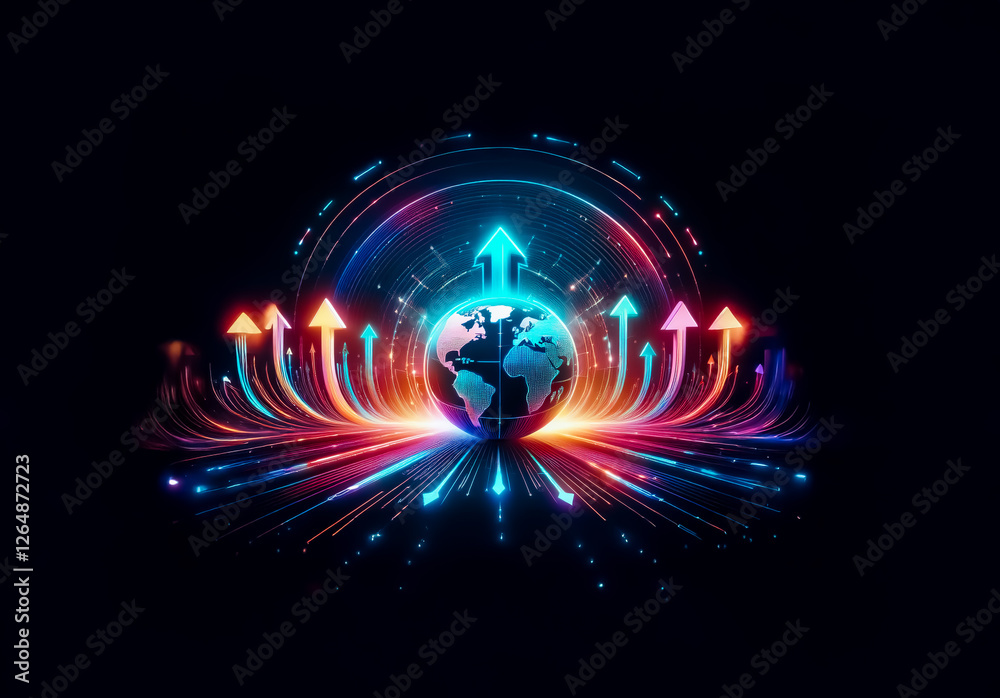 Poster a digital image shows radiant arrows pointing upwards from a globe, set against a dark background, c