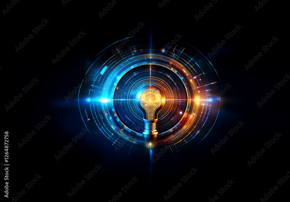 Poster a luminous light bulb is at the center of a digital abstract circular design with blue and orange ra