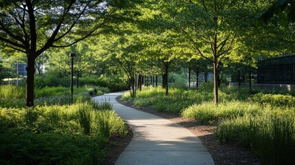 Obraz premium A green sanctuary in the city, with walking trails, shade trees, and spaces for relaxation, fostering a sense of well-being in the midst of urban life