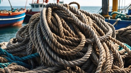 Coiled natural fiber ropes piled on a dock with fishing boats in the background and ocean view Copy Space