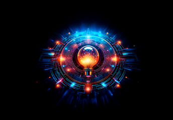 Glowing orb at the center surrounded by abstract circular shapes with glowing lights in blue, orange, and red on a dark background. Modern digital design.