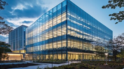Obraz premium A high-tech office building with a glass exterior and modern interiors designed for maximum efficiency and creativity.