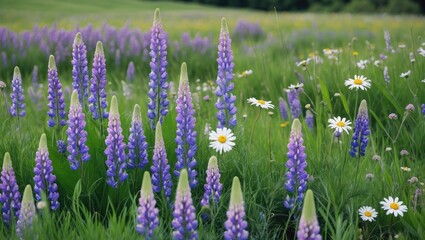 Naklejka premium Lush meadow filled with blooming purple lupines and white daisies surrounded by green grass under natural sunlight Copy Space