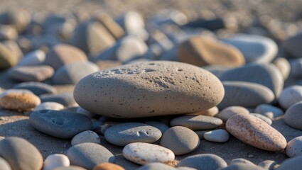 Smooth gray stone among pebbles on sandy beach natural texture background Copy Space