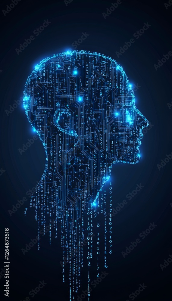 Aufkleber artificial intelligence profile glowing circuitry head with binary code on dark background
