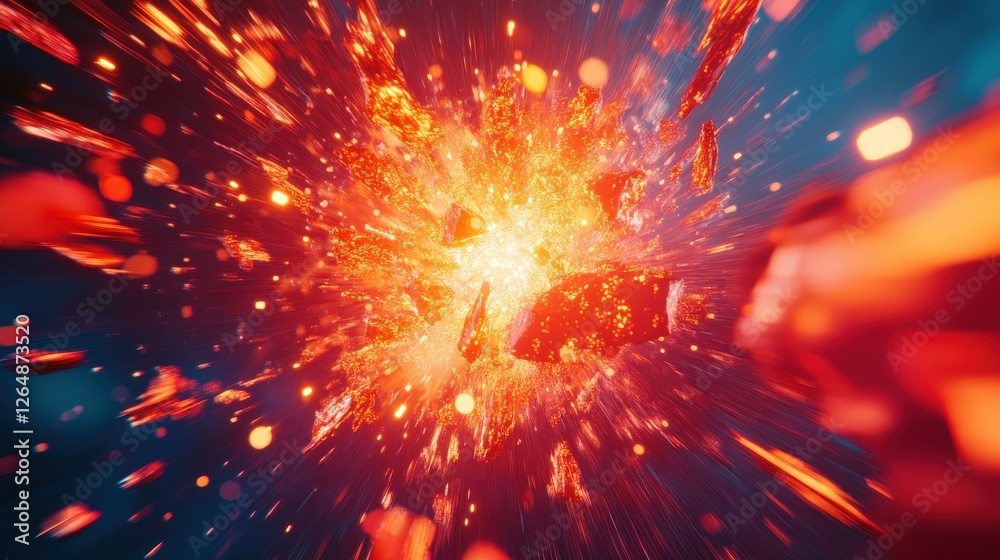 Poster a high-tech particle accelerator visualizing protons colliding in a burst of energy.
