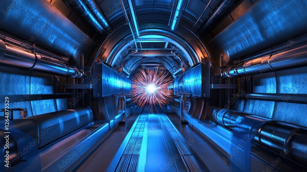 Poster a high-tech particle accelerator visualizing protons colliding in a burst of energy.