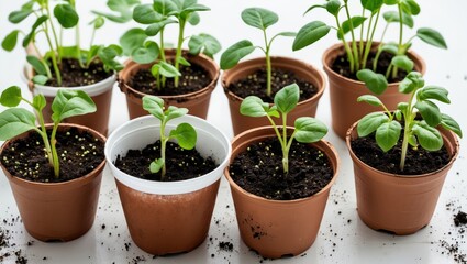 Potted seedlings in various stages of growth arranged on a white surface with soil and copy space for text.
