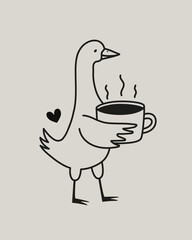 Vector illustration with a goose walking with a cup of tea or coffee. Cute print design with farm bird, cafe wall decoration poster, apparel print design
