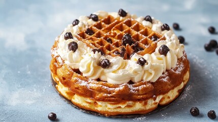 French waffle cake on a blue-gray background. The concept of desserts. Side view.