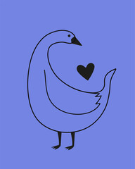 Vector illustration with goose and small black heart. Romantic greeting card, home decoration poster, apparel print design