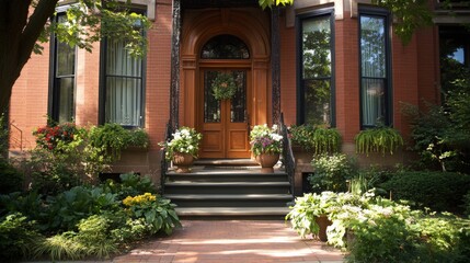 A historic brownstone townhouse in a lively city neighborhood, with a classic brick exterior and intricate architectural details