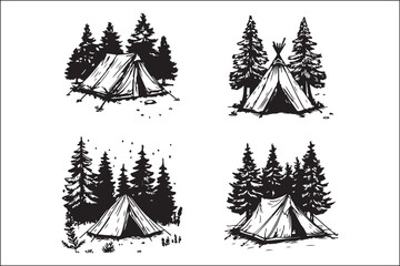 Minimalist Camping Logo Set Vector Line Art Illustrations Outdoor Adventure Camping Logo Set in Clean Line Art Style Modern Camping Logo Vector Pack Outline and Line Art Designs