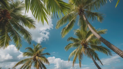 Tropical palm trees against a bright blue sky with scattered clouds creating a serene outdoor atmosphere Copy Space