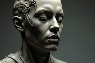 Futuristic woman with tribal tattoo closing eyes in thought