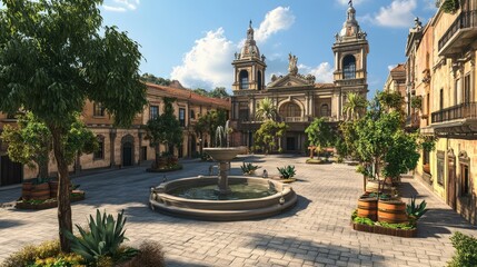 Fototapeta premium A historic city square with classical architecture, including cobblestone streets, elegant fountains, and grand public buildings.
