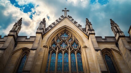 A historical building with intricate Gothic architecture featuring pointed arches, stained glass windows, and towering spires.