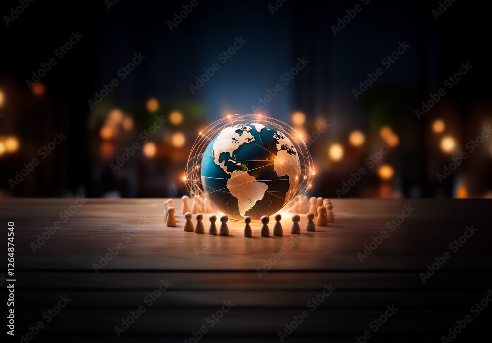 Poster a radiant globe is encircled by tiny human figures, illuminated by soft, glowing lights that create 