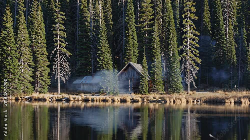 Poster cozy cabin by serene lake surrounded by towering pine trees in the heart of nature during autumn